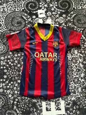 FC Barcelona Kids' Red & Navy Stripe Soccer Jersey - Qatar Airways Kids Size XS